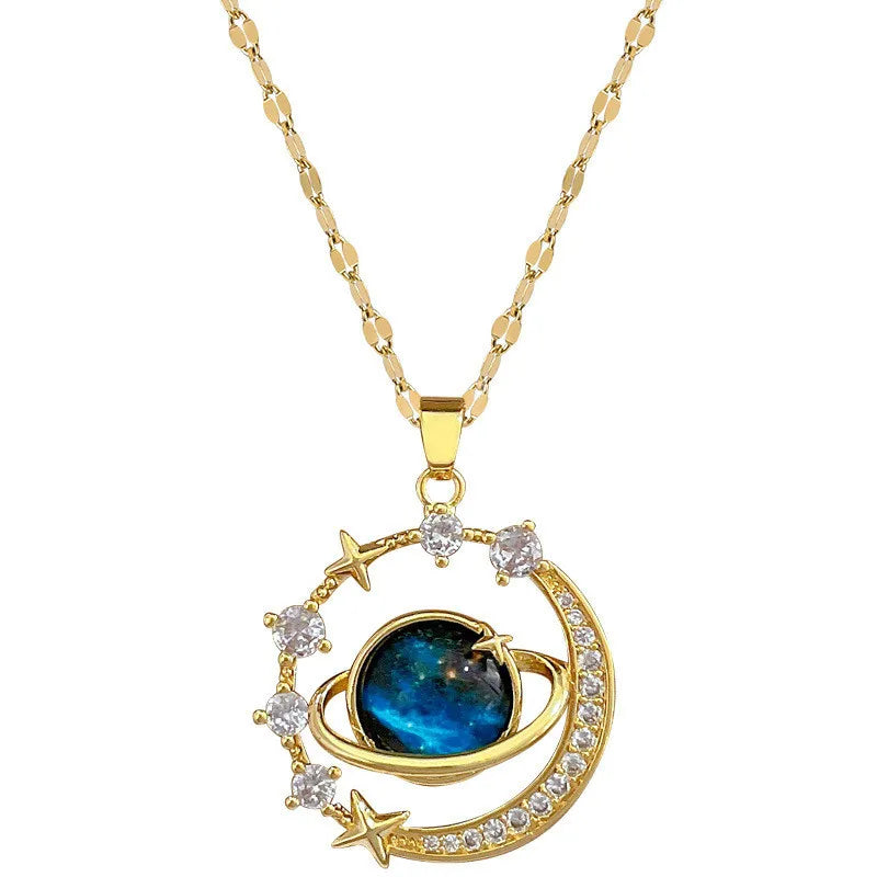 Luxury Zircon Planet Moon Pendant Necklace for Women Titanium Steel Butterfly Clavicle Chain Jewelry