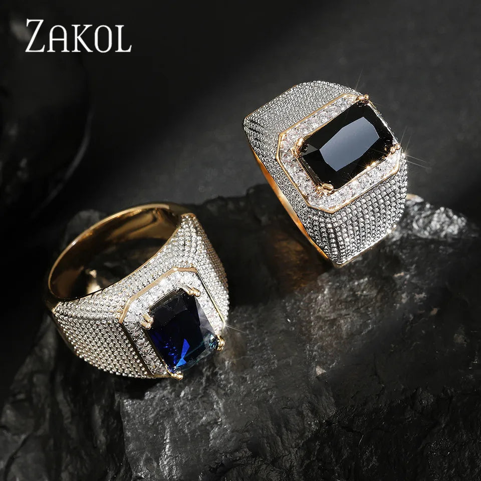 ZAKOL Hip Hop Black/Blue CZ Ring – Luxury Men's Party Jewelry