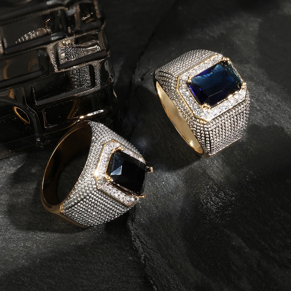 ZAKOL Hip Hop Black/Blue CZ Ring – Luxury Men's Party Jewelry