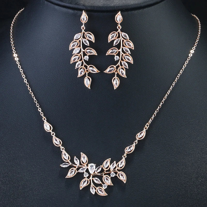 RAKOL Gorgeous Zircon Jewelry Set Leaf Shaped Long Dangle Earrings Busy Necklace Bracelet Bridal Engagement Wedding Accessories