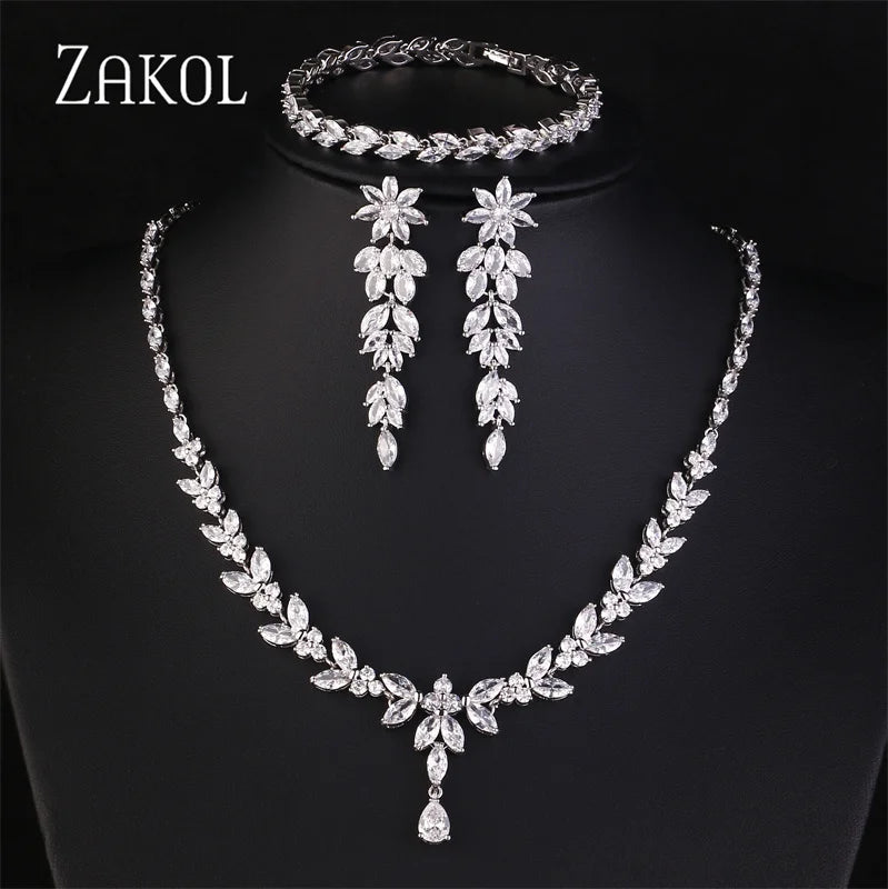 ZAKOL Luxury CZ Leaf Jewelry Set – Necklace, Earrings, Rings & Bracelet for Women