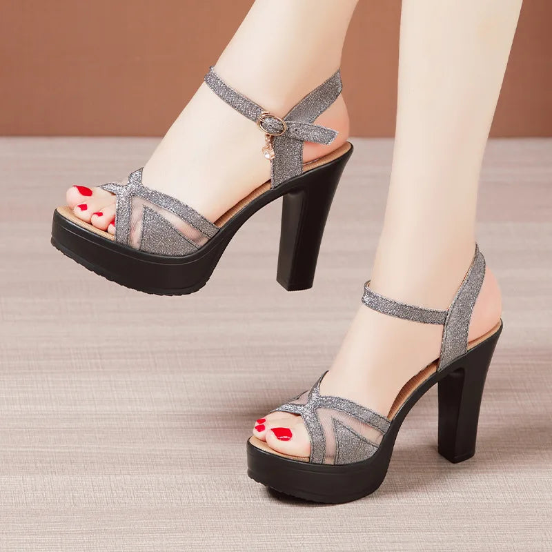 Summer leather sandals for women 10cm high heel