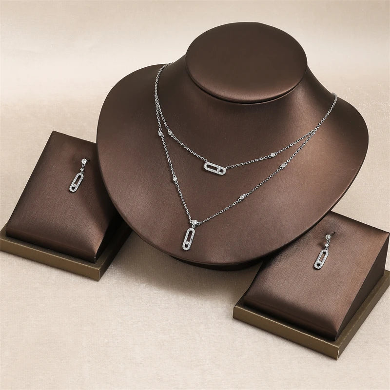 RAKOL Double Layer Geometric Paper Clip Pendant Necklace & Earrings Jewelry Set for Women