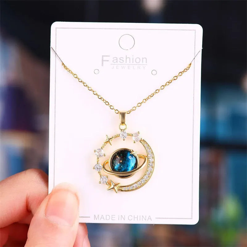 Luxury Zircon Planet Moon Pendant Necklace for Women Titanium Steel Butterfly Clavicle Chain Jewelry