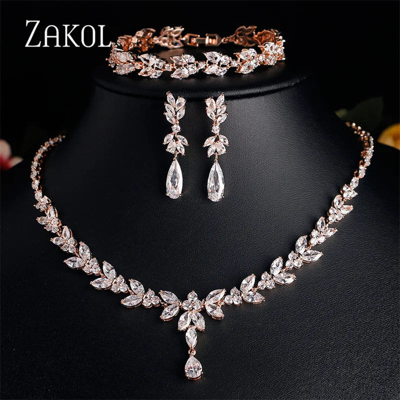 ZAKOL Luxury CZ Leaf Jewelry Set – Necklace, Earrings, Rings & Bracelet for Women