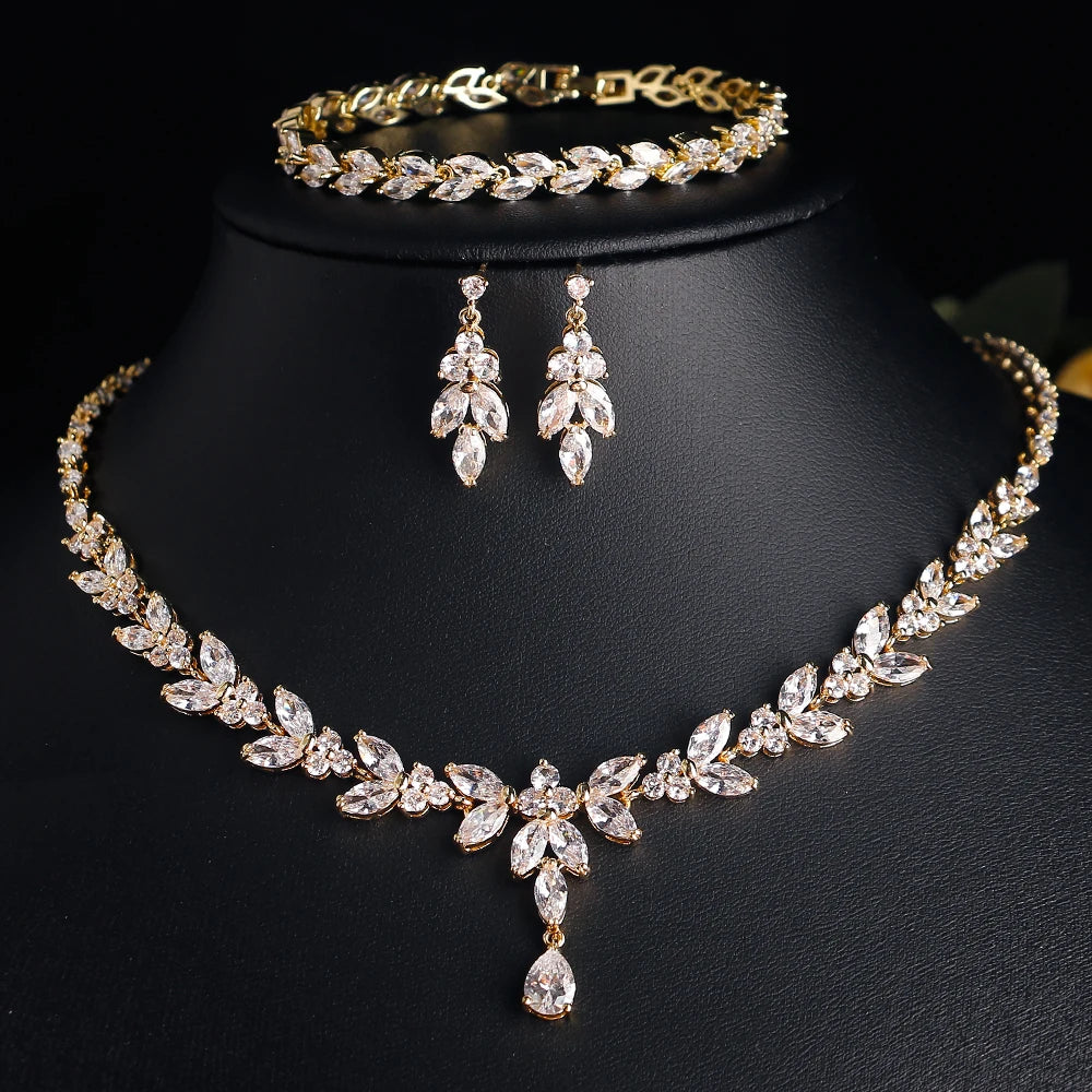 ZAKOL Luxury CZ Leaf Jewelry Set – Necklace, Earrings, Rings & Bracelet for Women