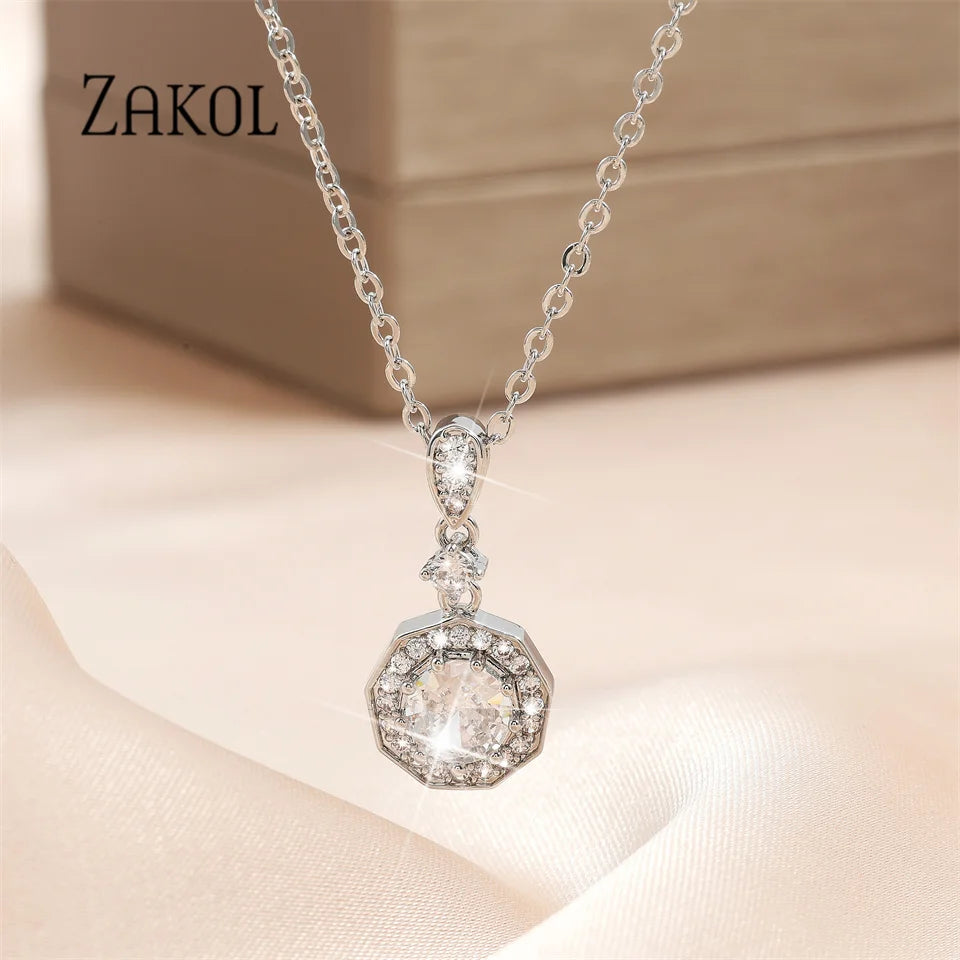 ZAKOL Korean Round Zircon Pendant Necklace – Titanium Steel Jewelry