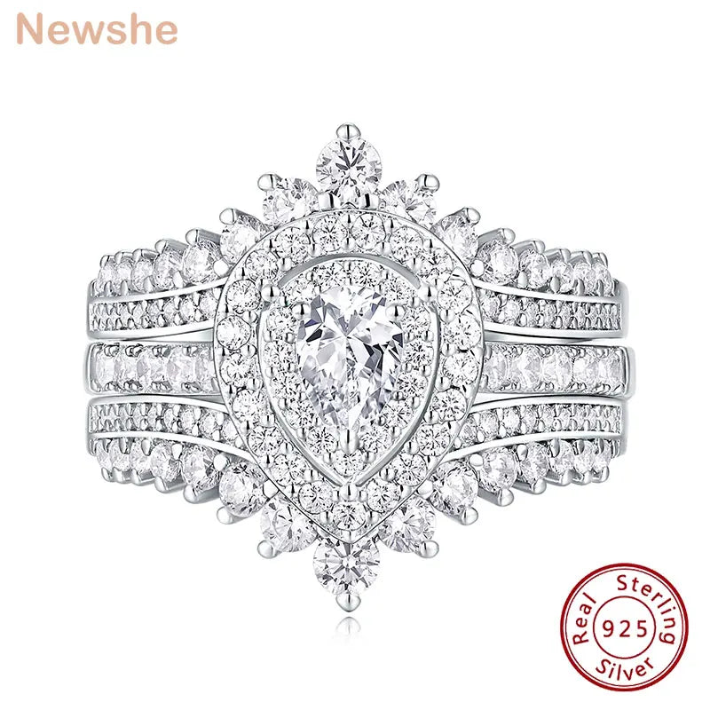 Newshe 925 Sterling Silver CZ Halo Engagement Ring Set for Women