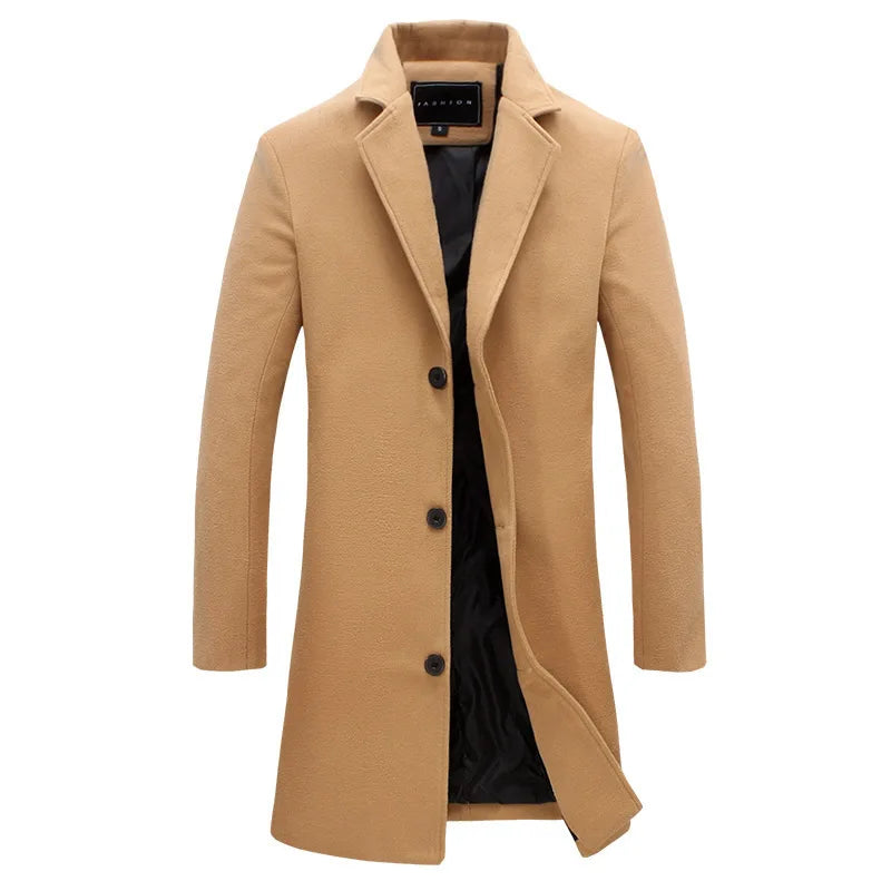 Men's Mid-Length Trench Coat - Classic Single-Breasted Jacket