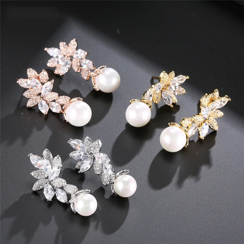 RAKOL Imitation Pearls Drop Earrings - Vintage Flower Design with Cubic Zirconia for Women