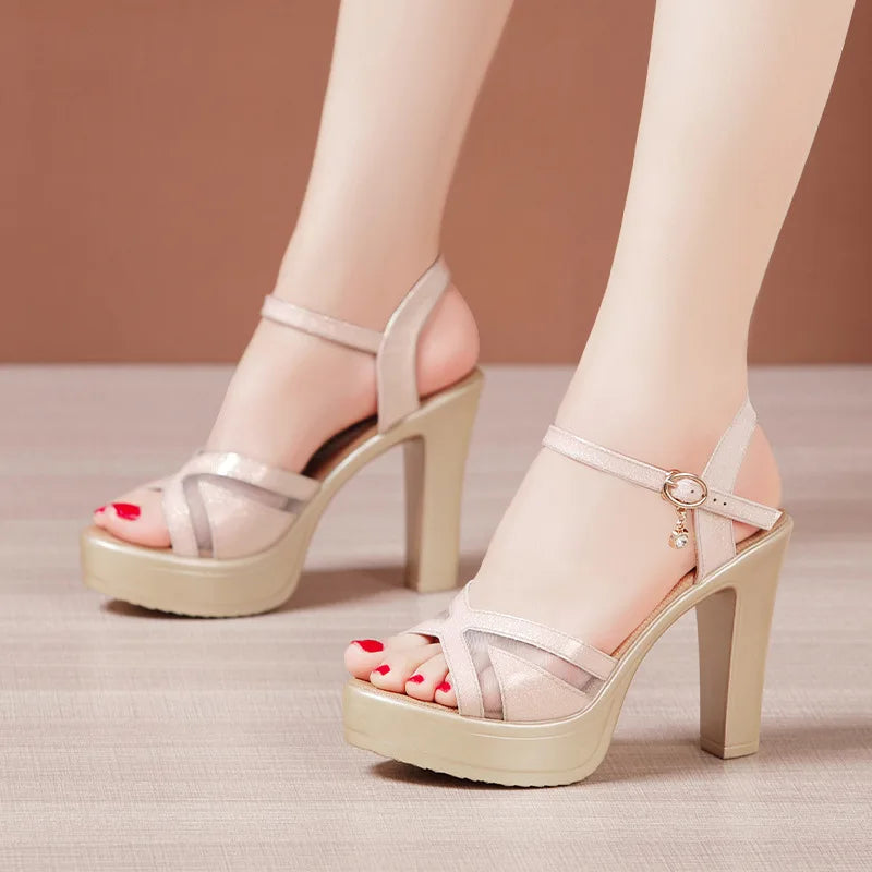 Summer leather sandals for women 10cm high heel