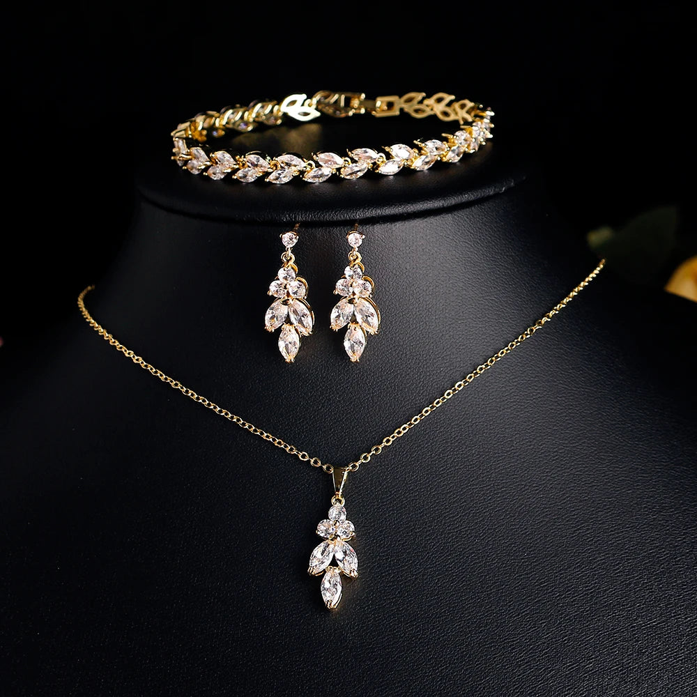 ZAKOL Luxury CZ Leaf Jewelry Set – Necklace, Earrings, Rings & Bracelet for Women