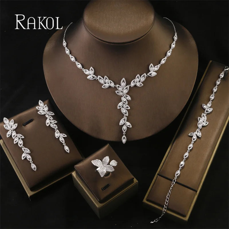 RAKOL Luxury White Flower Bridal Jewelry Set – 4-Piece