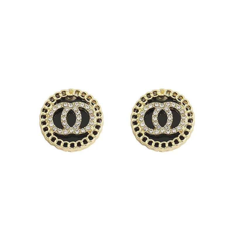 Black Enamel Crystal Double Round Stud Earrings – Korean Style, Simple Jewelry