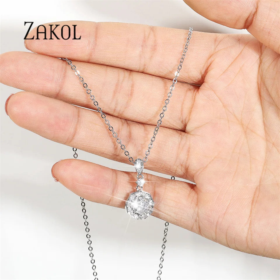 ZAKOL Korean Round Zircon Pendant Necklace – Titanium Steel Jewelry