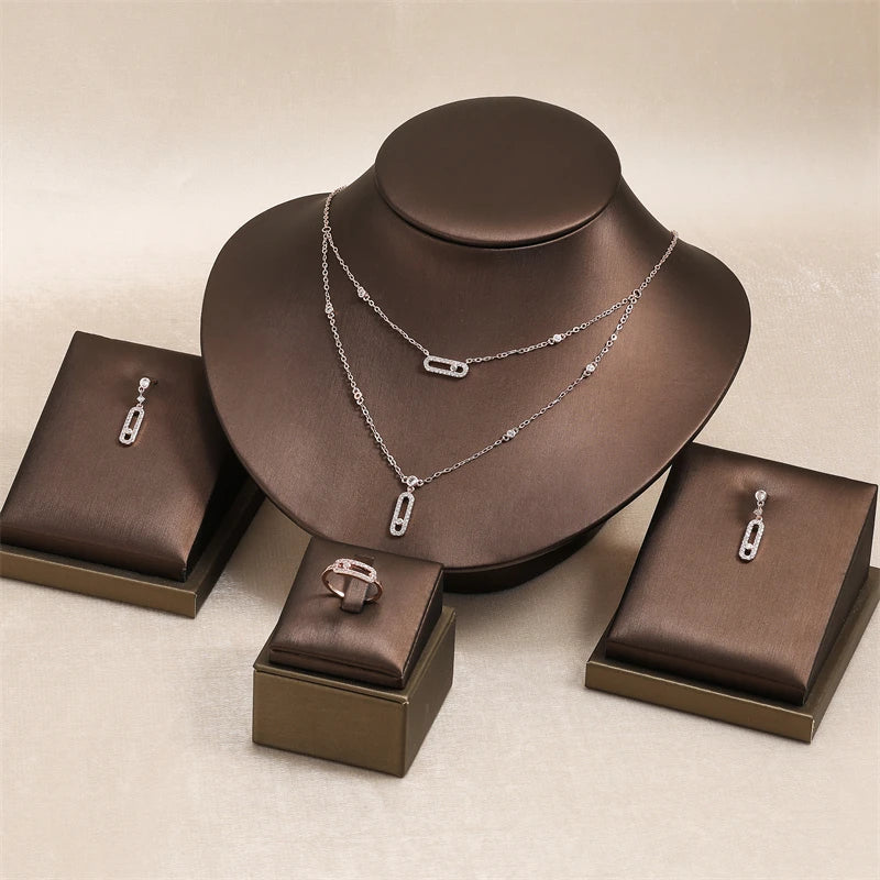 RAKOL Double Layer Geometric Paper Clip Pendant Necklace & Earrings Jewelry Set for Women