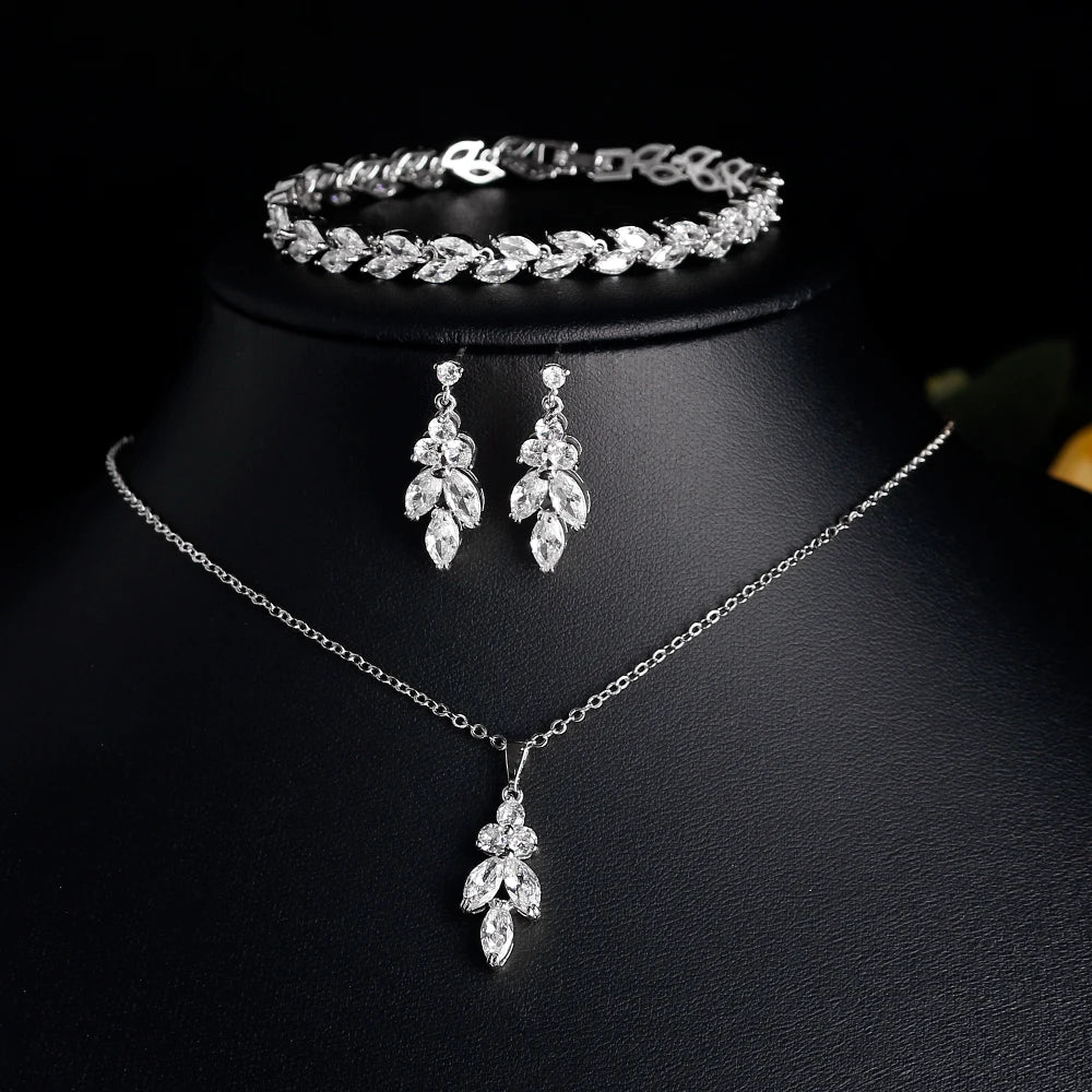 ZAKOL Luxury CZ Leaf Jewelry Set – Necklace, Earrings, Rings & Bracelet for Women