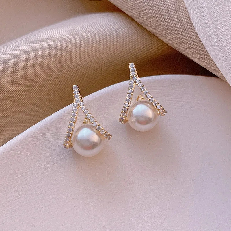 White Imitation Pearl & Crystal Rhinestone Stud Earrings