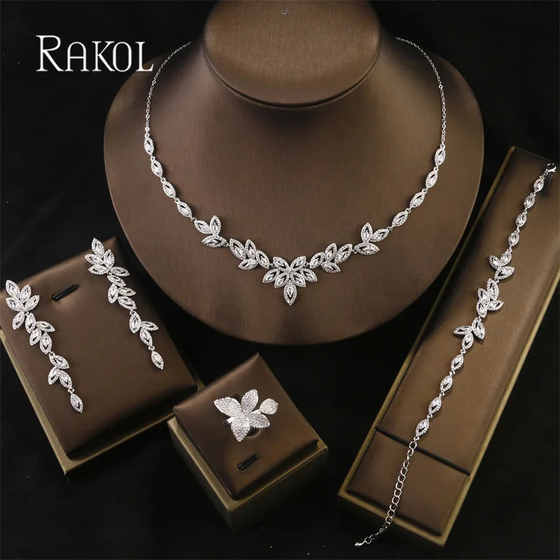 RAKOL Luxury White Flower Bridal Jewelry Set – 4-Piece