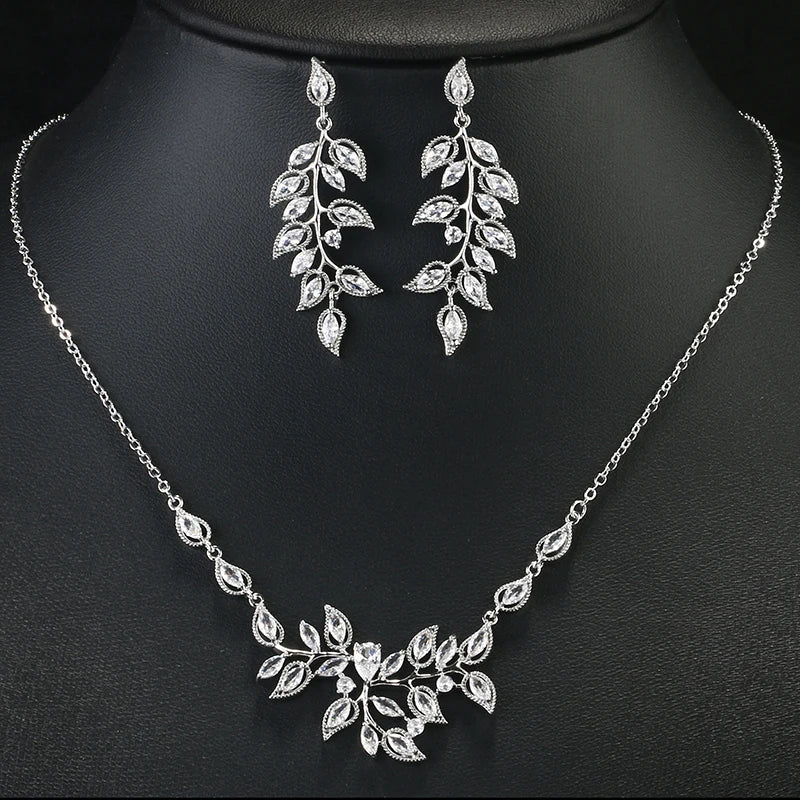 RAKOL Gorgeous Zircon Jewelry Set Leaf Shaped Long Dangle Earrings Busy Necklace Bracelet Bridal Engagement Wedding Accessories