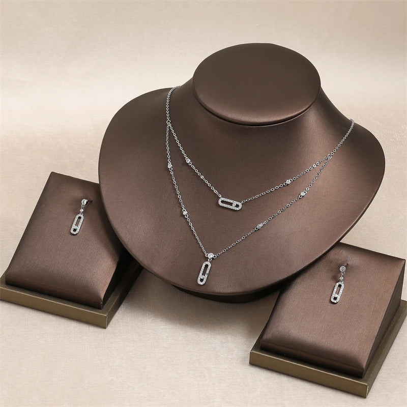 RAKOL Double Layer Geometric Paper Clip Pendant Necklace & Earrings Jewelry Set for Women