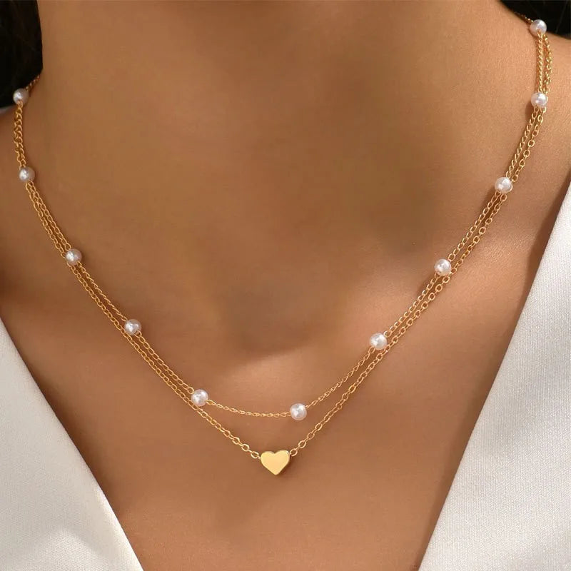 3pcs Women's Pearl Necklace Set 14K Gold Love Heart Pendant Hypoallergenic Waterproo