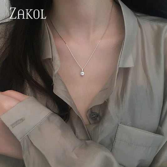 ZAKOL Round Zirconia Pendant Necklace – Elegant Crystal Jewelry for Women