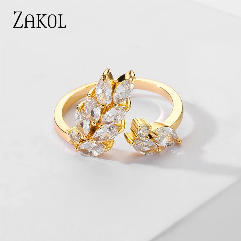 ZAKOL Luxury Cubic Zirconia Leaf Opening Finger Rings for Women Statement Ring Party Jewelry Gifts