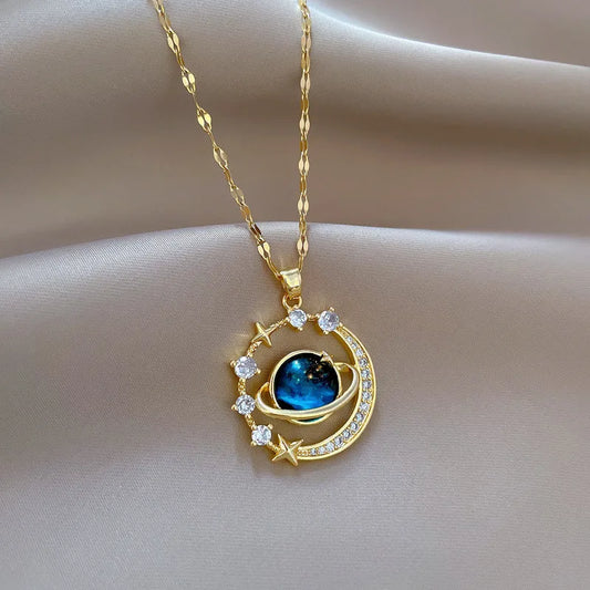 Luxury Zircon Planet Moon Pendant Necklace for Women Titanium Steel Butterfly Clavicle Chain Jewelry