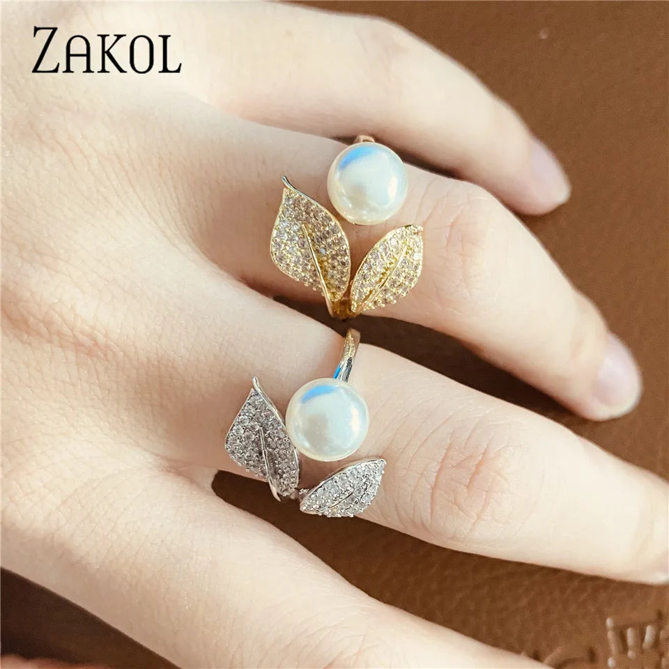 ZAKOL Fashion CZ & Imitation Pearl Open Ring