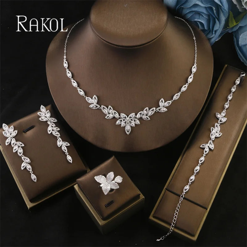 RAKOL Luxury White Flower Bridal Jewelry Set – 4-Piece