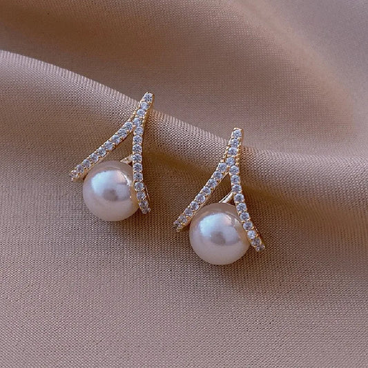 White Imitation Pearl & Crystal Rhinestone Stud Earrings