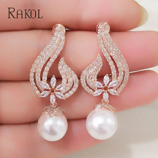 RAKOL Vintage Heart & Flower Pearl Drop Earrings – Rose Gold Bridal Jewelry