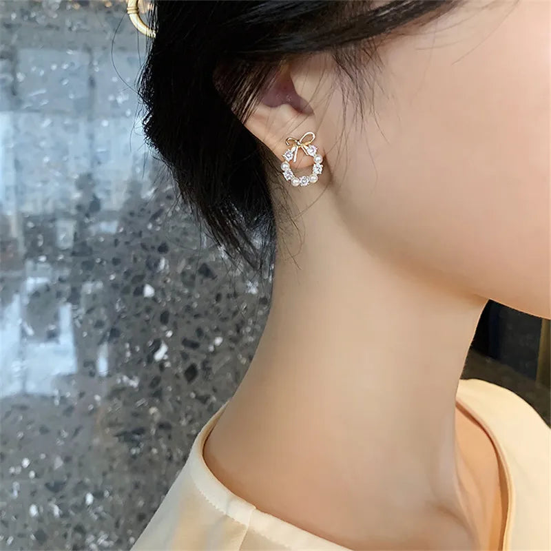 Round Wreath Bow Pearl Stud Earrings with Zircon for Women – Elegant Korean Fashion Jewelry