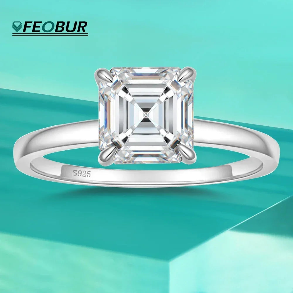 FEOBUR - 1CT Asscher Cut Moissanite Ring – 925 Sterling Silver Engagement Band