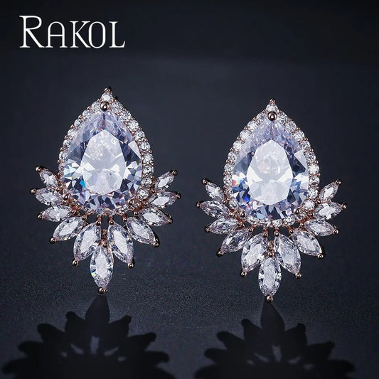 RAKOL White Gold Teardrop CZ Stud Earrings – Elegant Blue Crystal Jewelry