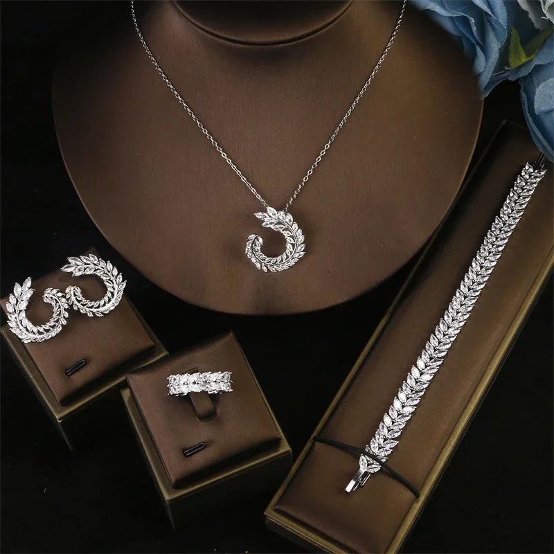 ZAKOL Luxury CZ Leaf Jewelry Set – Necklace, Earrings, Rings & Bracelet for Women