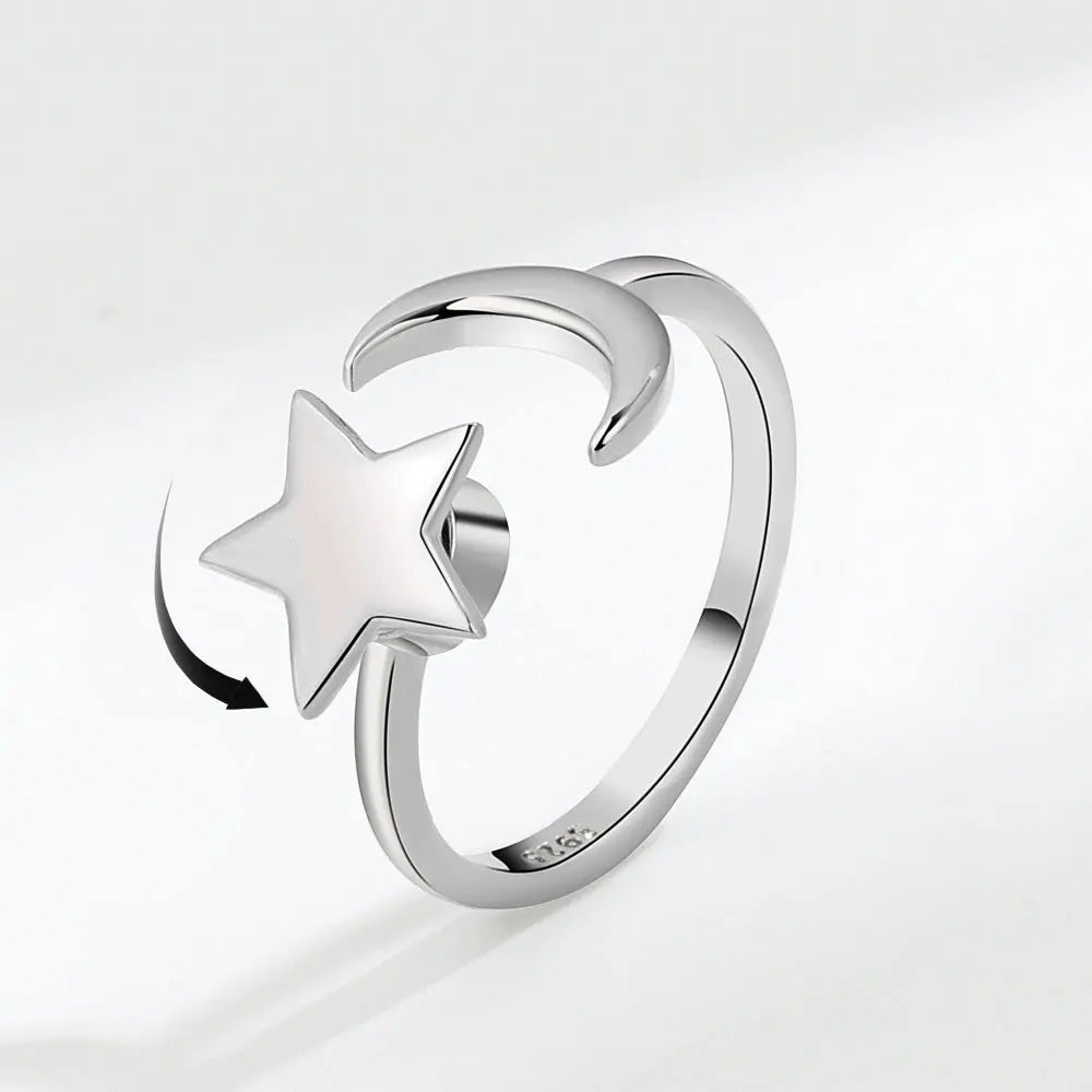 VENTFILLE 925 Sterling Silver Moon & Stars Rotatable Ring for Women