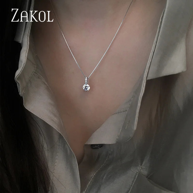 ZAKOL Round Zirconia Pendant Necklace – Elegant Crystal Jewelry for Women