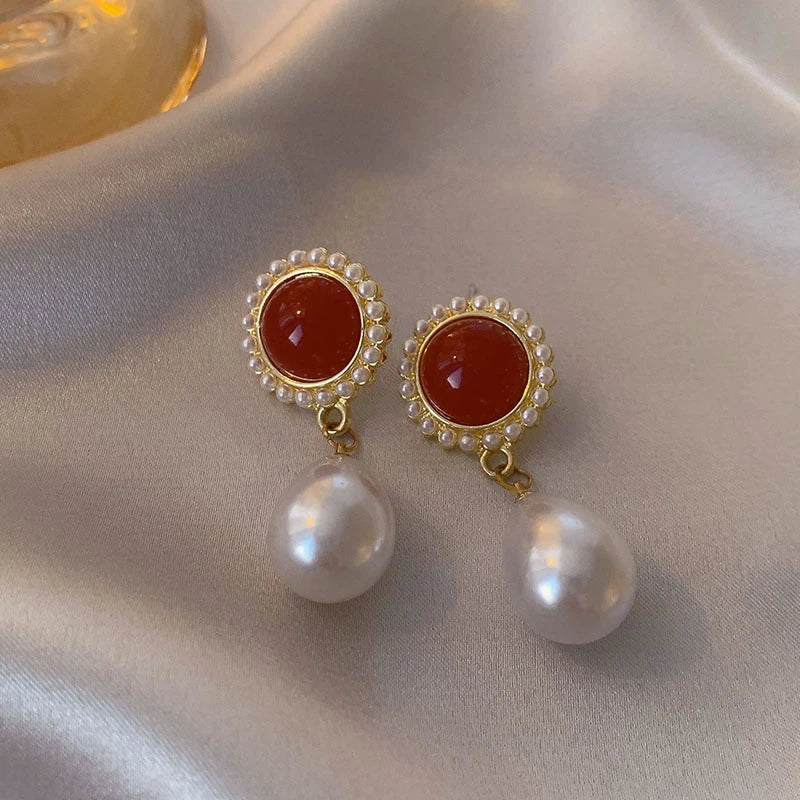 Vintage Dripping Oil Wine Red Pearl Flower Heart Stud Earrings