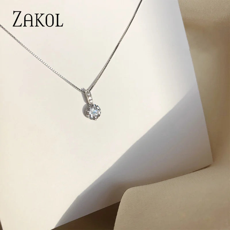 ZAKOL Round Zirconia Pendant Necklace – Elegant Crystal Jewelry for Women