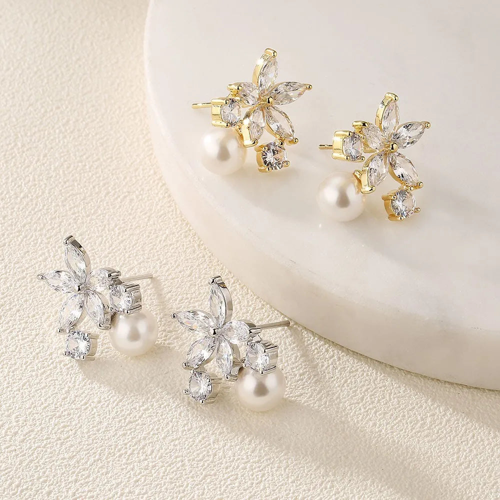 RAKOL Elegant Flower Stud Earrings with Imitation Pearls