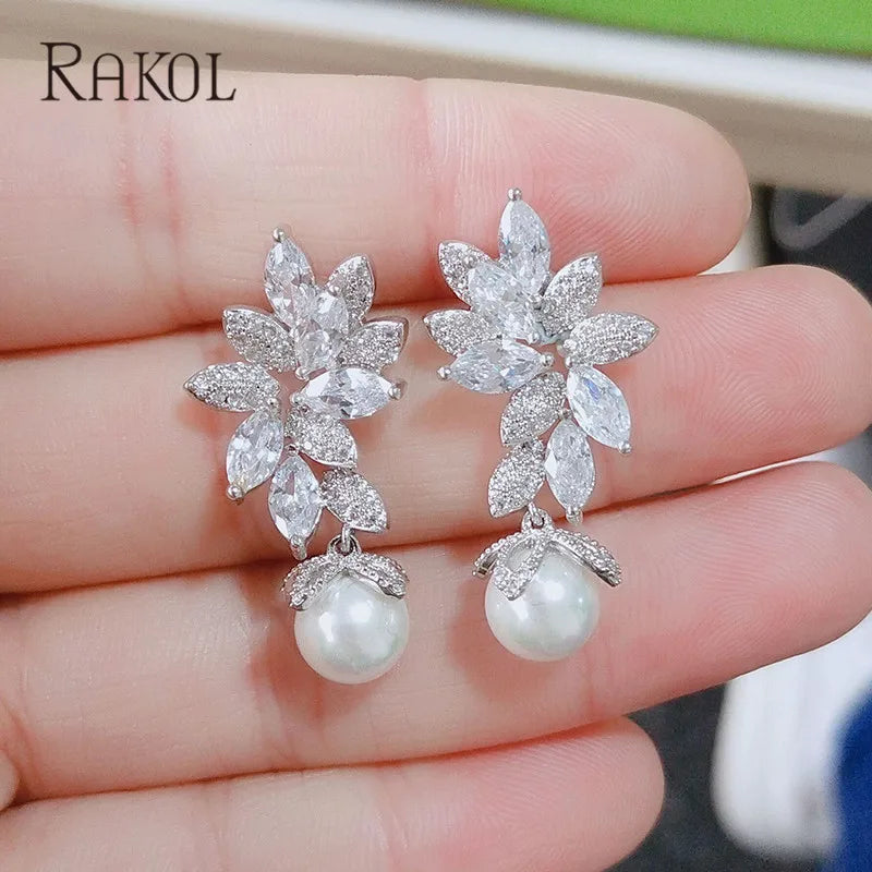 RAKOL Imitation Pearls Drop Earrings - Vintage Flower Design with Cubic Zirconia for Women