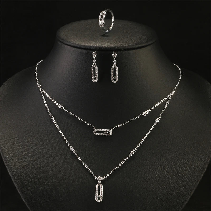 RAKOL Double Layer Geometric Paper Clip Pendant Necklace & Earrings Jewelry Set for Women