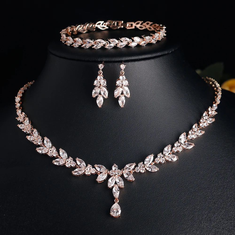 ZAKOL Luxury CZ Leaf Jewelry Set – Necklace, Earrings, Rings & Bracelet for Women