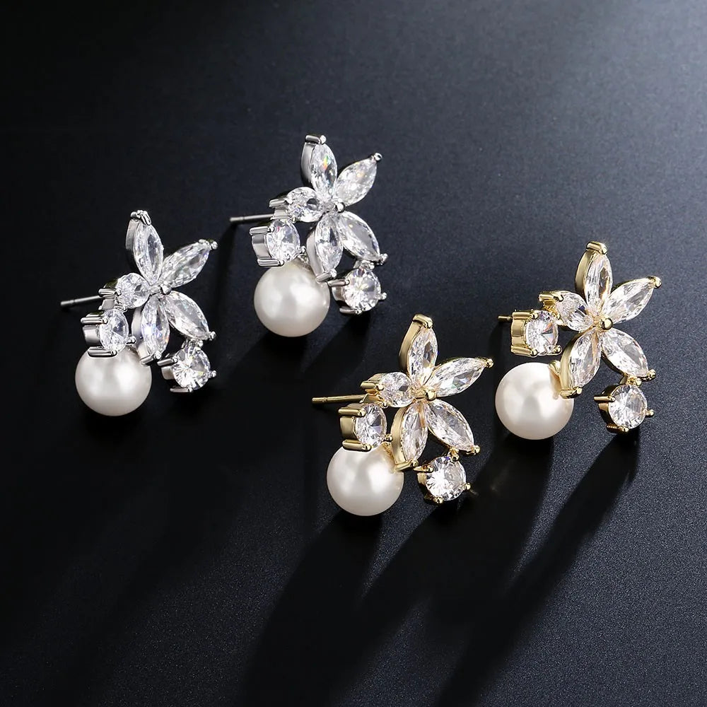 RAKOL Elegant Flower Stud Earrings with Imitation Pearls