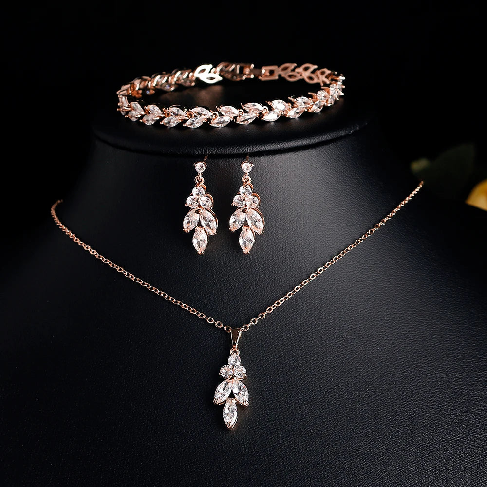 ZAKOL Luxury CZ Leaf Jewelry Set – Necklace, Earrings, Rings & Bracelet for Women