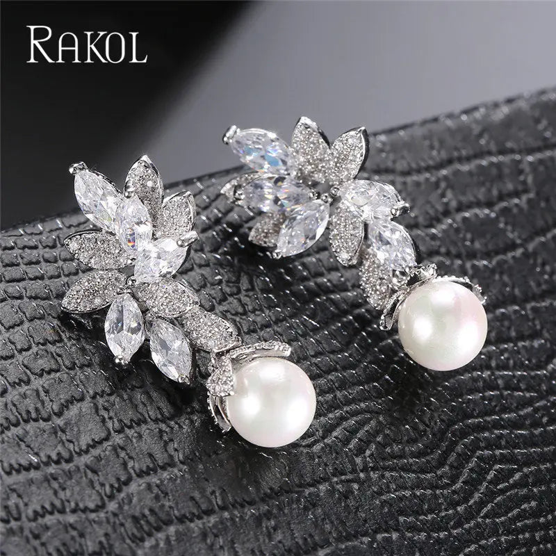 RAKOL Imitation Pearls Drop Earrings - Vintage Flower Design with Cubic Zirconia for Women