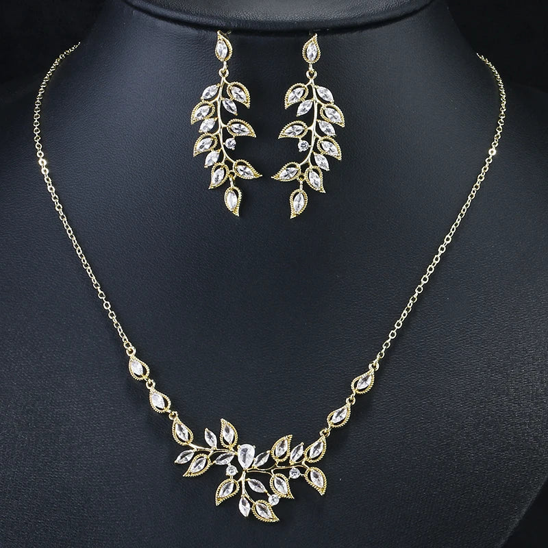 RAKOL Gorgeous Zircon Jewelry Set Leaf Shaped Long Dangle Earrings Busy Necklace Bracelet Bridal Engagement Wedding Accessories