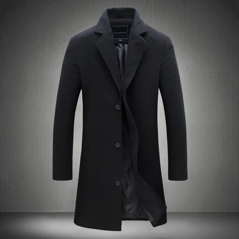 Men's Mid-Length Trench Coat - Classic Single-Breasted Jacket